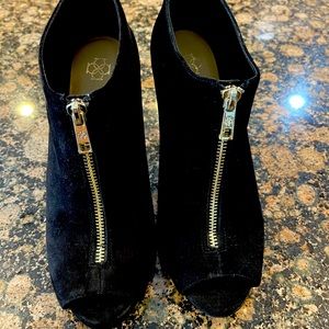 Peep toe, suede, high heel booty.